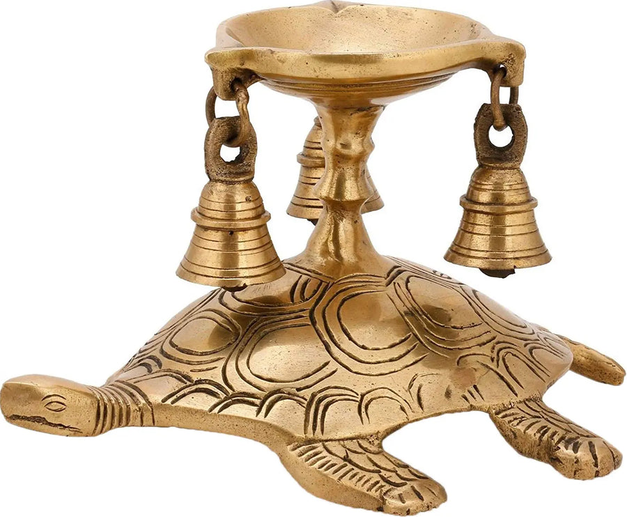 9" Brass Tortoise Oil Lamp with Hanging Bells Handmade Diya