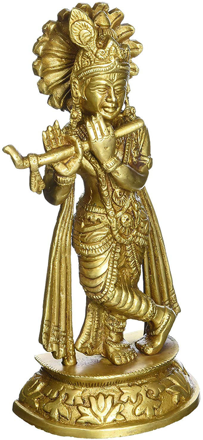 7" Lord Krishna Playing Flute Brass Statue Handmade