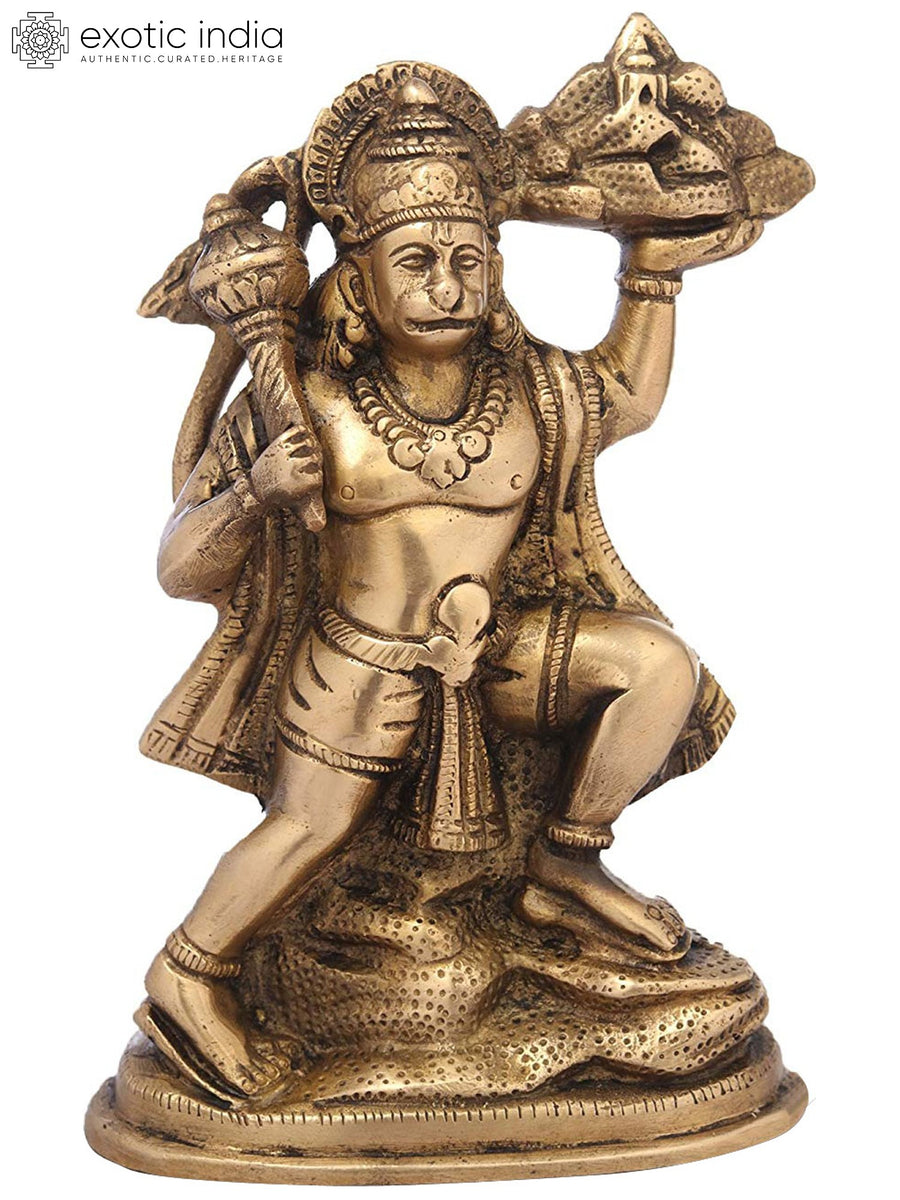 7" Brass Lord Hanuman Statue Holding Sanjeevani Mountain Handmade