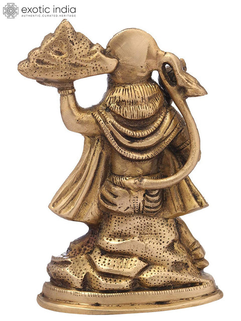 7" Brass Lord Hanuman Statue Holding the Mountain of Herbs (Sanjeevani Booti) | Handmade | Made in India