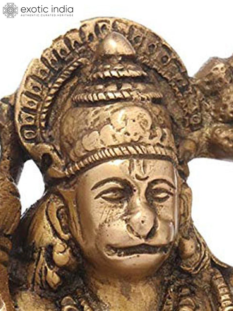 7" Brass Lord Hanuman Statue Holding the Mountain of Herbs (Sanjeevani Booti) | Handmade | Made in India