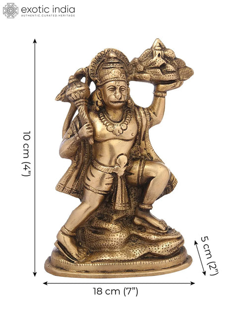 7" Brass Lord Hanuman Statue Holding the Mountain of Herbs (Sanjeevani Booti) | Handmade | Made in India