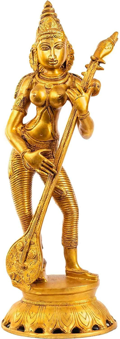 17" Vina-Vadini Goddess Saraswati In Brass | Handmade | Made In India