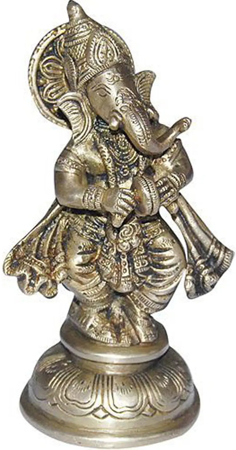5" Handmade Brass Lord Ganesha Statue Playing Manjira