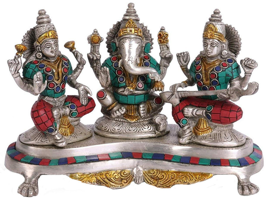 8" Lord Ganesha with Lakshmi and Saraswati Brass Statue Handmade