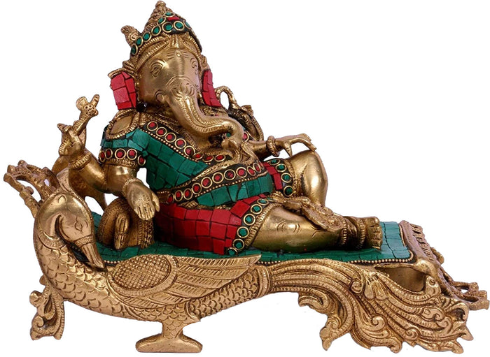 9" Lord Ganesha on Peacock Chowki Brass Statue Handmade
