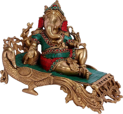 9" Lord Ganesha Resting on Peacock Chowki In Brass | Handmade | Made In India