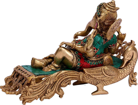 9" Lord Ganesha Resting on Peacock Chowki In Brass | Handmade | Made In India