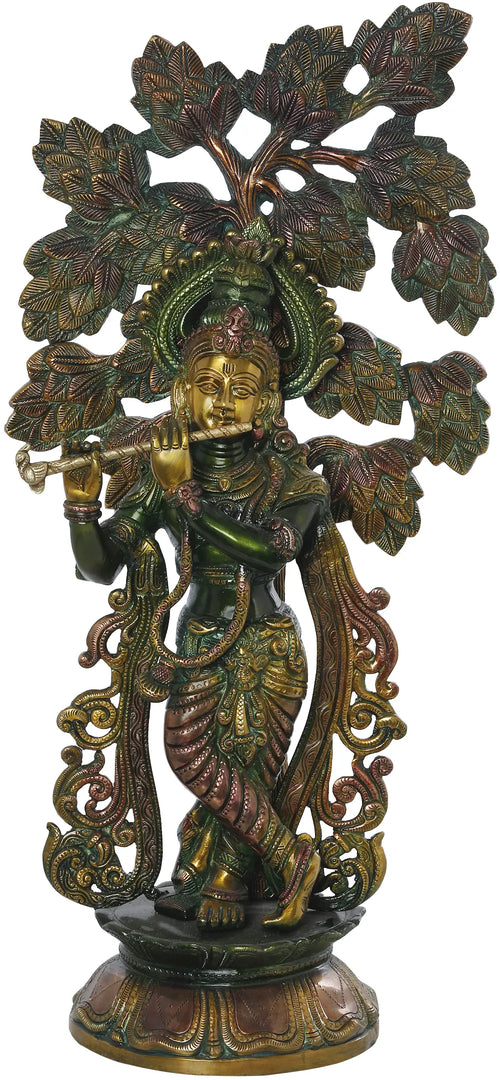 24" Krishna Playing Flute Brass Statue for Home Pooja Decor