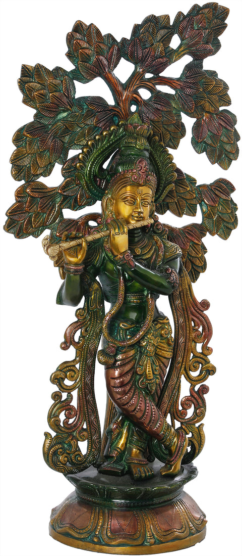24" Krishna Brass Idol – Playing Music Under the Kadamba Tree | Handmade in India