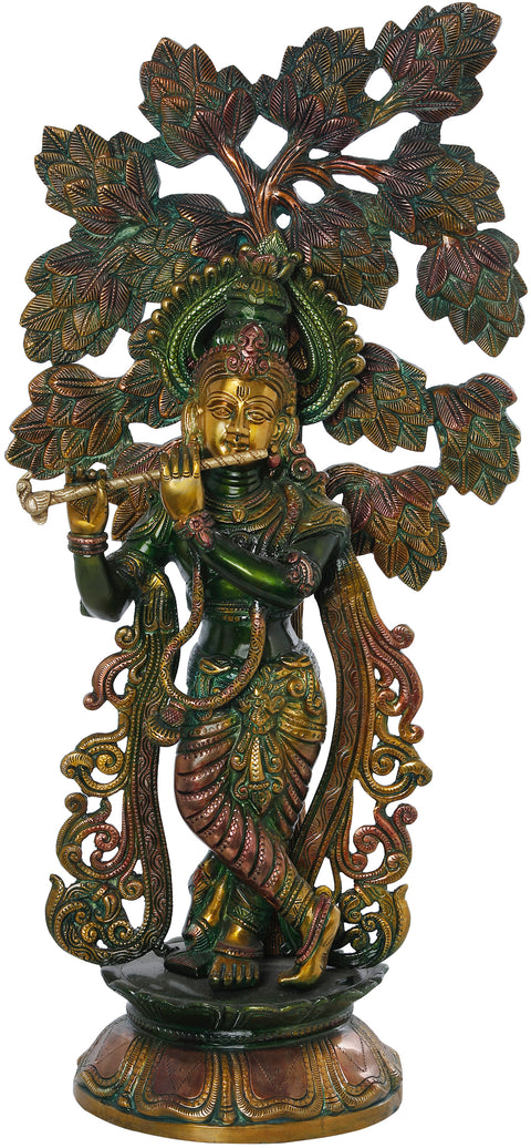 24" Krishna Brass Idol – Playing Music Under the Kadamba Tree | Handmade in India