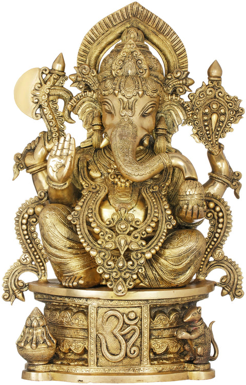 23" Incomparable Beauty of Ganesha Brass Statue Seated on AUM Pedestal | Handmade in India