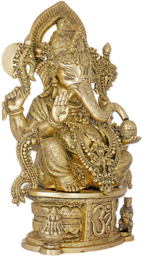 23" Incomparable Beauty of Ganesha Brass Statue Seated on AUM Pedestal | Handmade in India