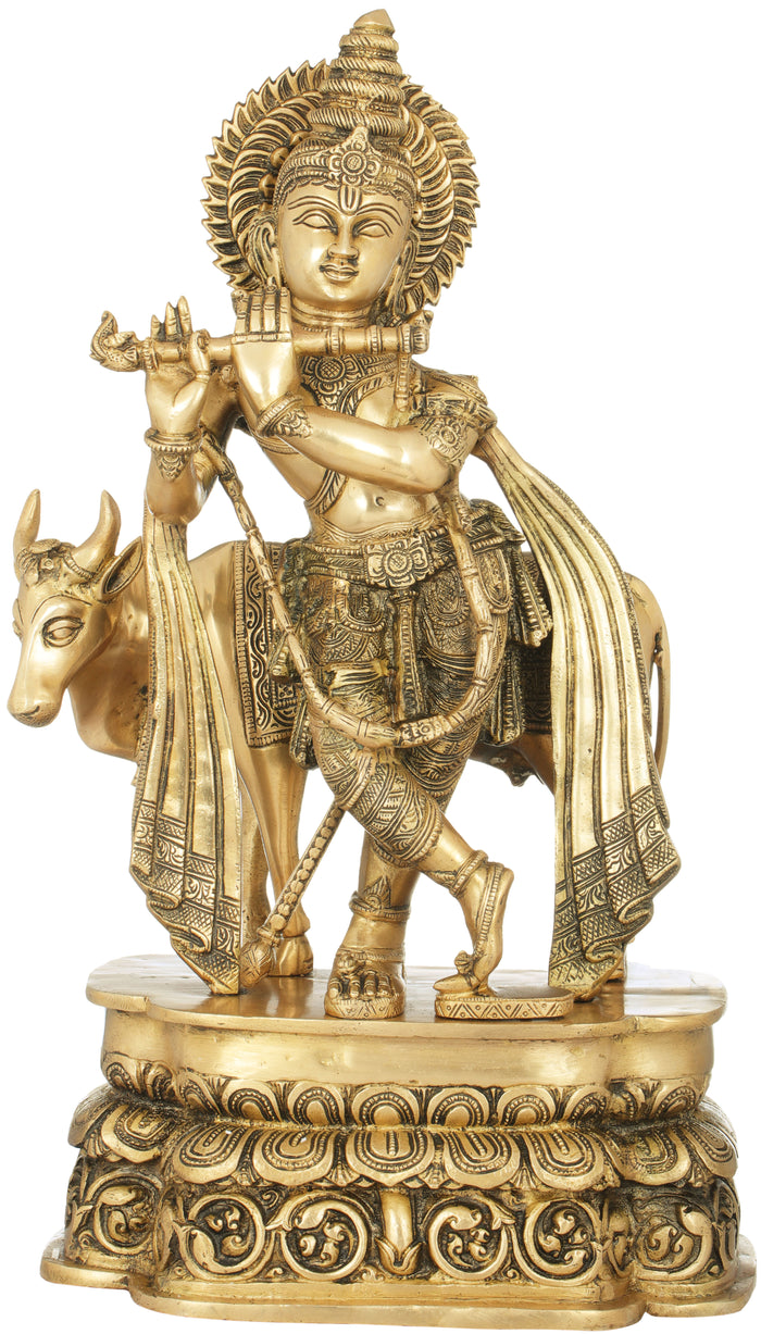 19" Tribhang Krishna Handmade Brass Statue for Pooja