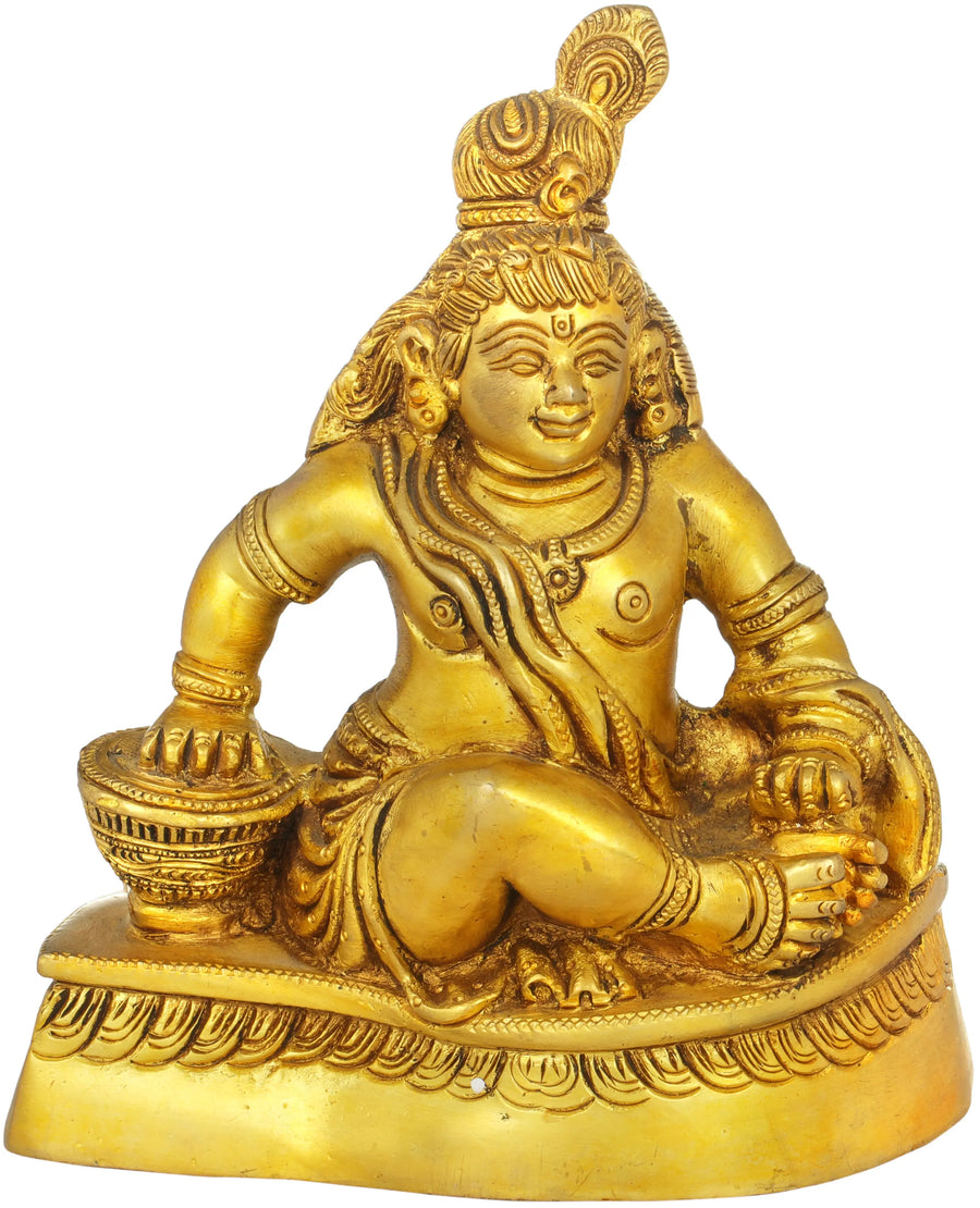 6" Lord Krishna Brass Idol - Handmade Makhan Chor Butter Thief