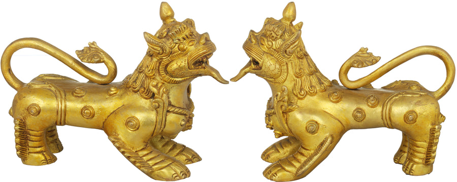 Nepalese Temple Lion Pair Brass Statues for Home Decor