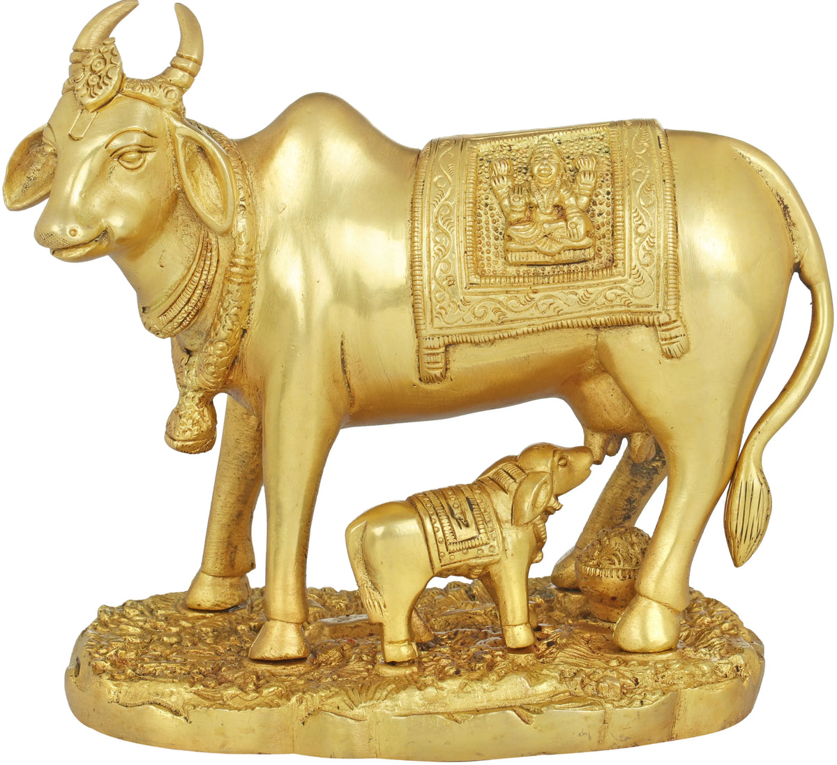 7" Mother Cow Brass Sculpture with Calf | Handmade | Made in India