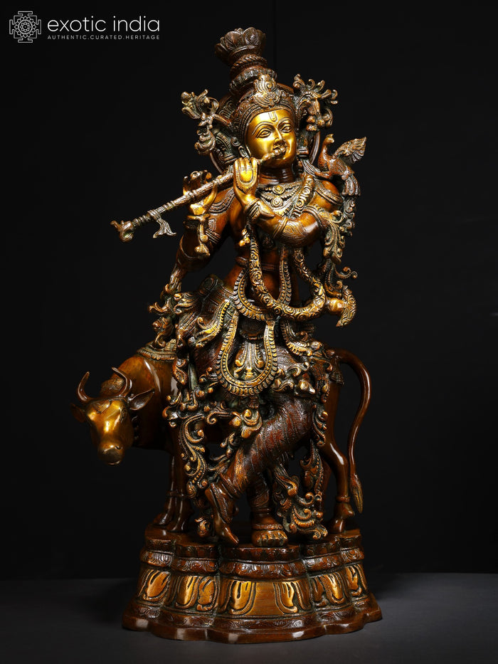 26" Handmade Brass Krishna with Cow Statue for Home Decor