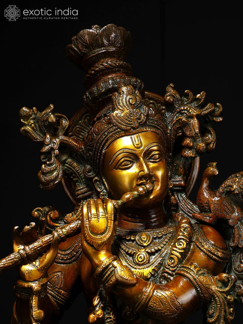 26" Handmade Brass Statue of Krishna with His Cow | Traditional Indian Craft