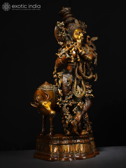 26" Handmade Brass Statue of Krishna with His Cow | Traditional Indian Craft