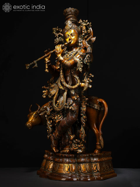 26" Handmade Brass Statue of Krishna with His Cow | Traditional Indian Craft