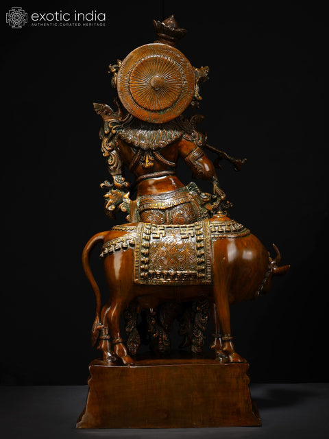 26" Handmade Brass Statue of Krishna with His Cow | Traditional Indian Craft