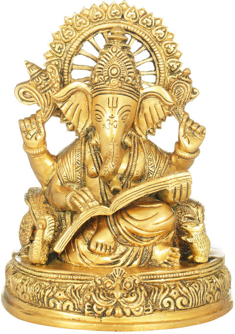 8" Lord Ganesha Scripting The Mahabharata In Brass | Handmade | Made In India
