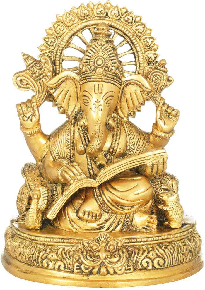 8" Handmade Brass Lord Ganesha Statue Scripting Mahabharata