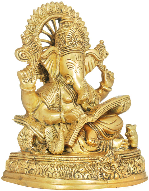 8" Lord Ganesha Scripting The Mahabharata In Brass | Handmade | Made In India
