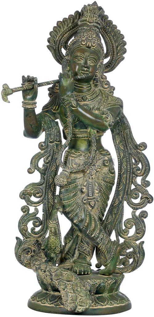 18" Handmade Krishna Flute Player with Peacock Brass Statue