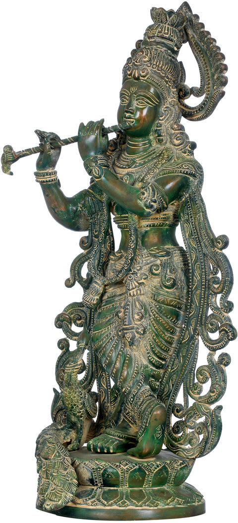 18" Fluting Krishna with Peacock In Brass | Handmade | Made In India