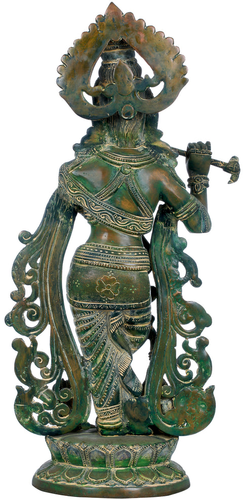 18" Fluting Krishna with Peacock In Brass | Handmade | Made In India