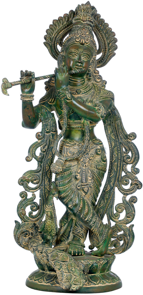 18" Fluting Krishna with Peacock In Brass | Handmade | Made In India