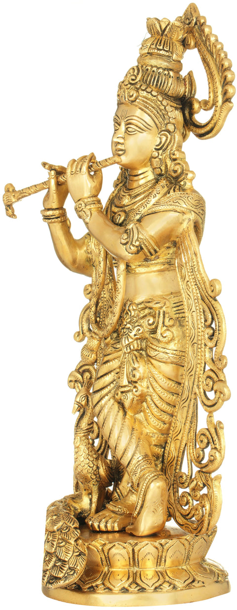 18" Fluting Krishna with Peacock In Brass | Handmade | Made In India