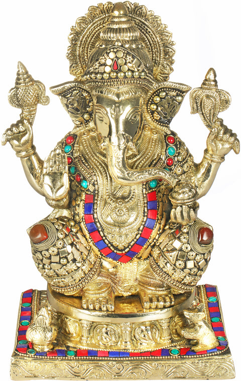 11" A Fine Inlay Ganesha In Brass | Handmade | Made In India