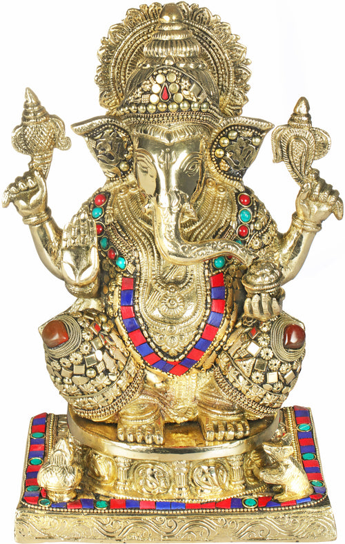 11" Handmade Ganesha Brass Statue with Inlay Detailing