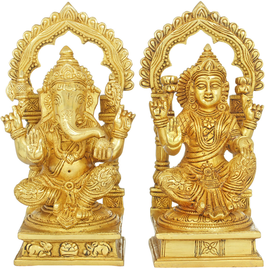 9" Ganesha and Lakshmi Brass Statue - Handmade Home Decor