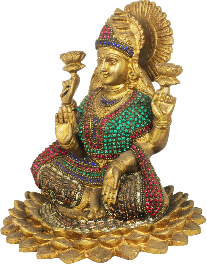 7" Lakshmi Ganesha Brass Inlay Statue Handmade