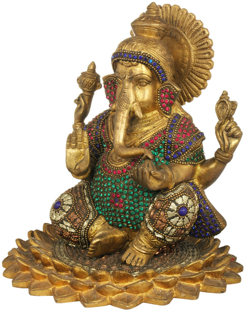 7" Lakshmi-Ganesha (Inlay Statues) In Brass | Handmade | Made In India