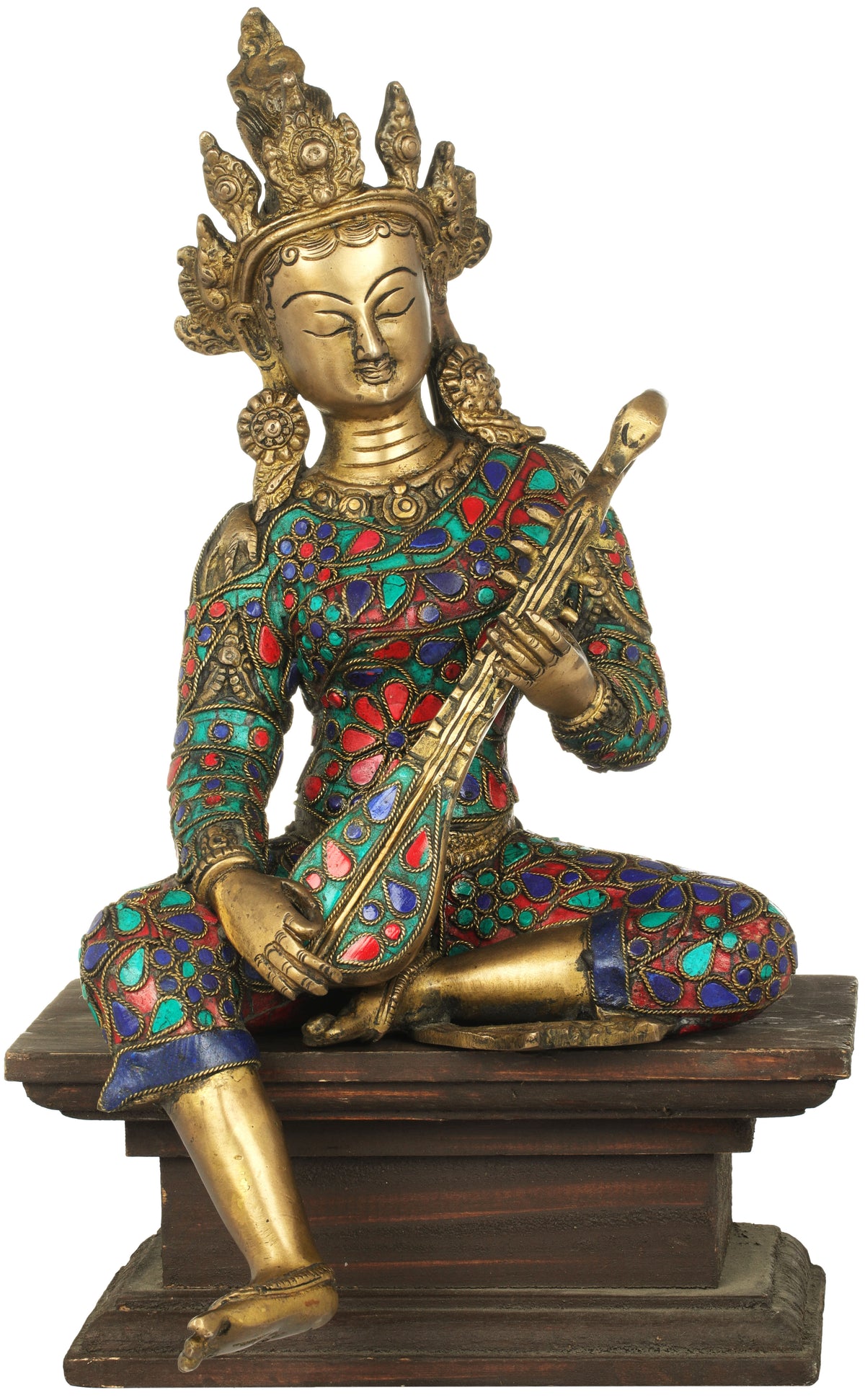 12" Goddess Saraswati Seated on Wooden Pedestal In Brass | Handmade | Made In India