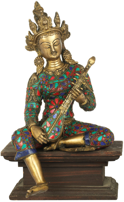 12" Goddess Saraswati Brass Statue with Wooden Pedestal Handmade