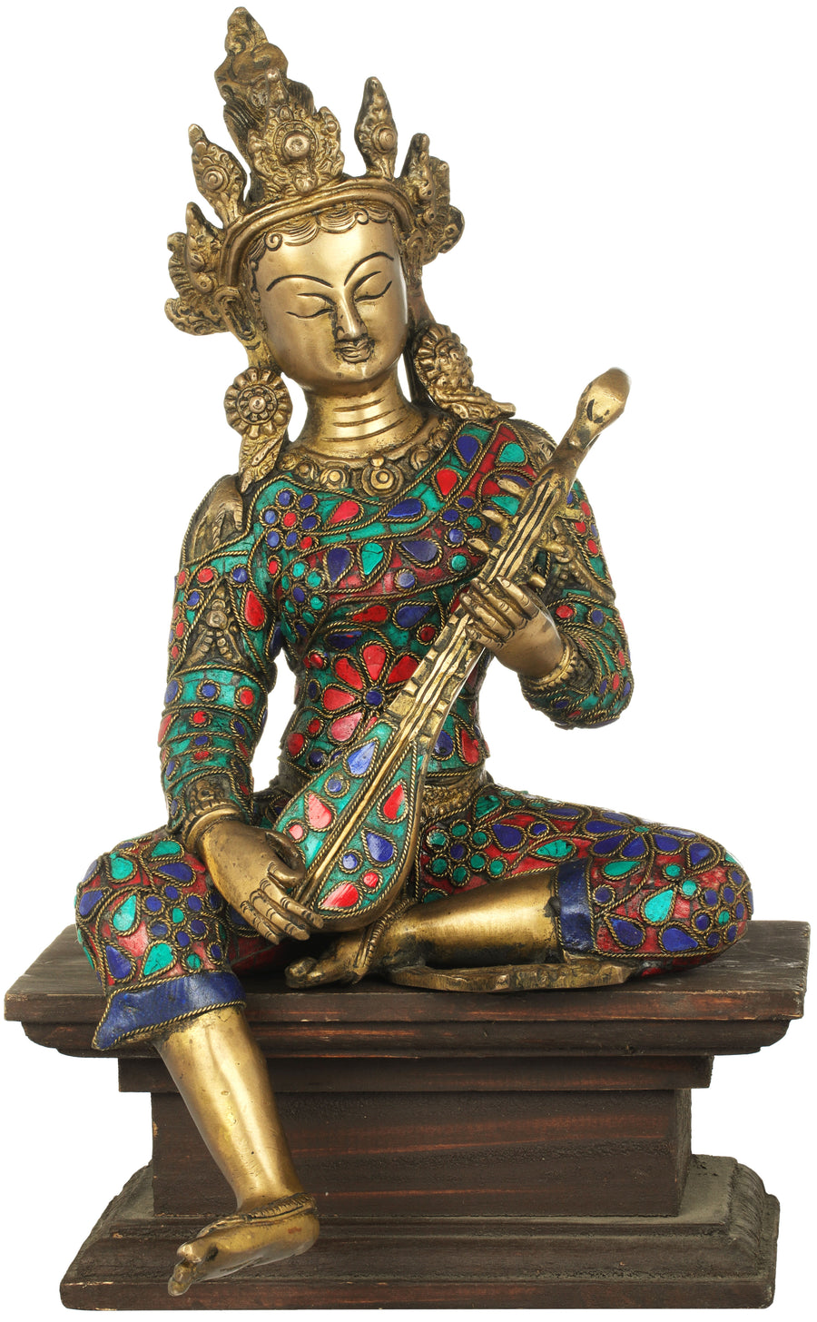 12" Goddess Saraswati Brass Statue with Wooden Pedestal Handmade
