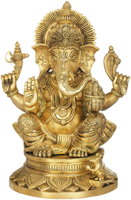 13" Handmade Chaturbhuja Ganesha Brass Idol with Carved Dhoti