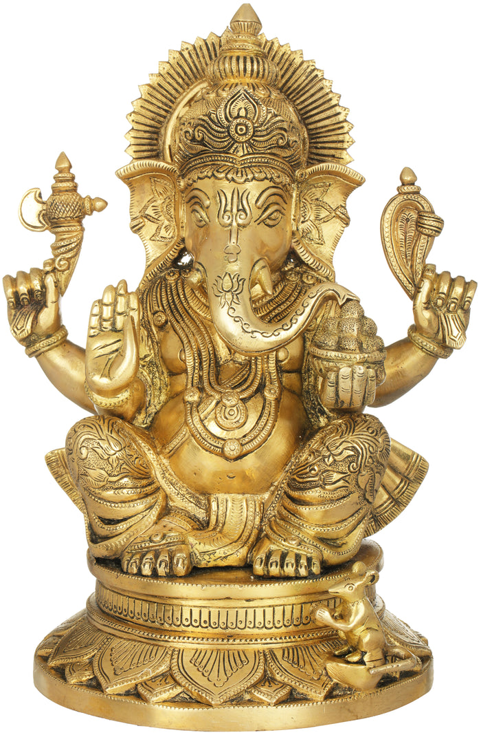13" Handmade Chaturbhuja Ganesha Brass Idol with Carved Dhoti