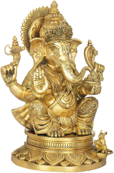13" Chaturbhuja Ganesha Wearing a Carved Dhoti In Brass | Handmade | Made In India