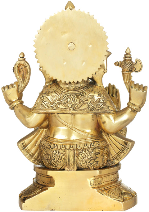 13" Chaturbhuja Ganesha Wearing a Carved Dhoti In Brass | Handmade | Made In India