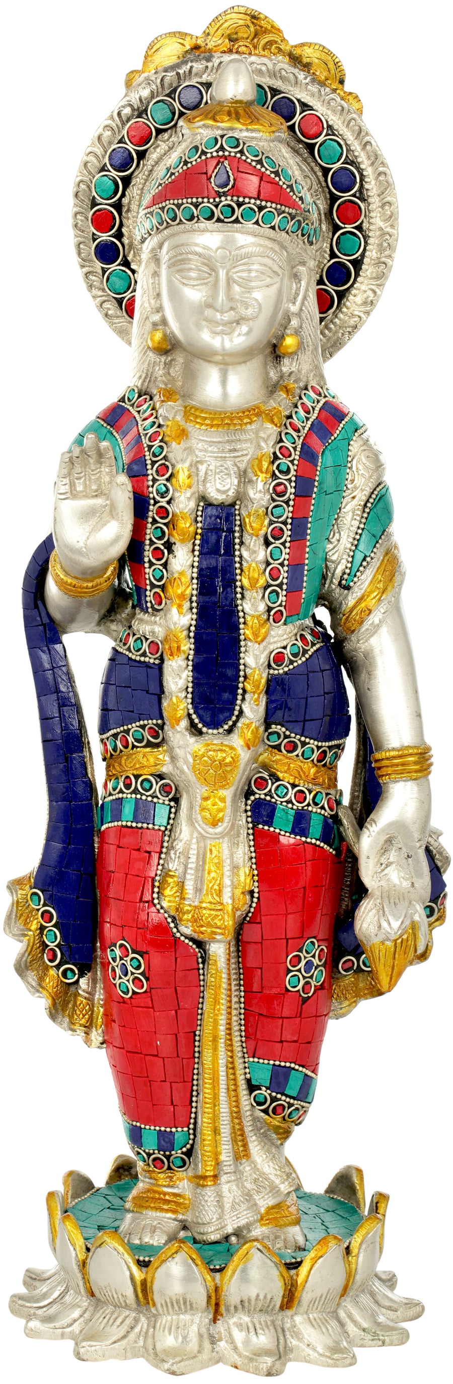 17" Goddess Lakshmi Standing On Lotus Brass Statue Handmade