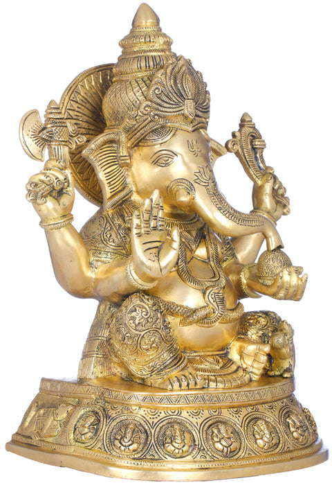 15" Abhaya Granting Ganesha Seated On a Base Decorated With His Figures In Brass | Handmade | Made In India