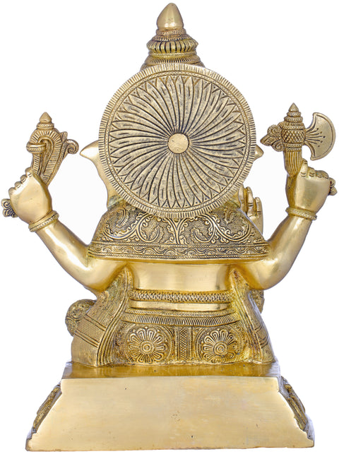 15" Abhaya Granting Ganesha Seated On a Base Decorated With His Figures In Brass | Handmade | Made In India