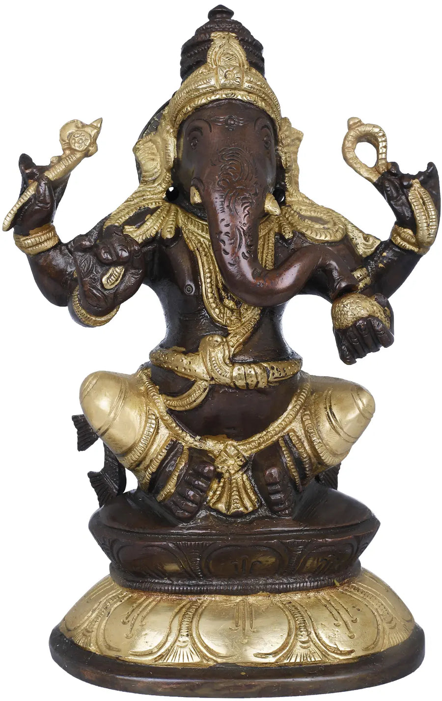 7" Brass Ganesha Statue on Double Lotus Base Handmade
